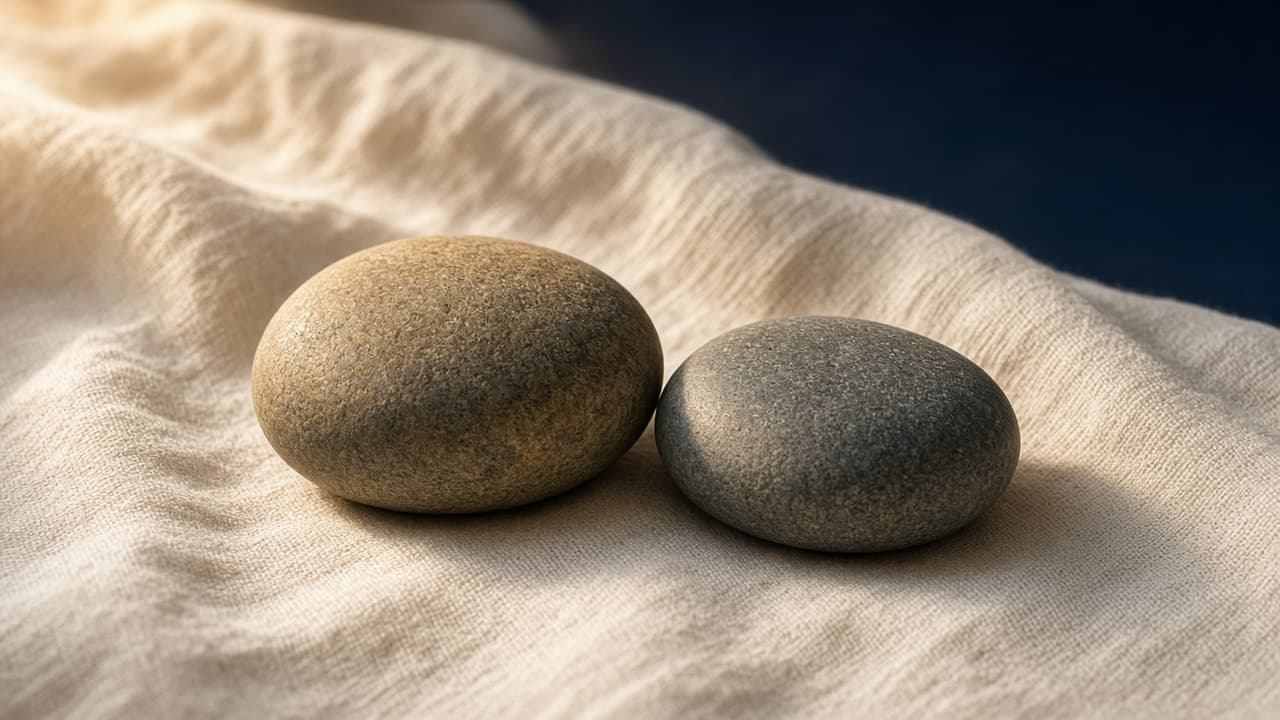 Two smooth river stones resting side by side on cream linen.