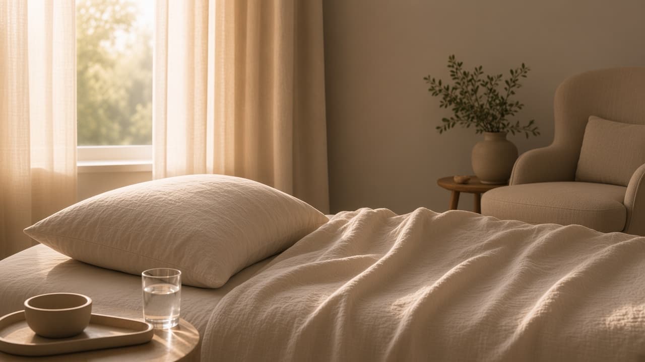 Sheer linen curtains and an empty chair in a quiet room at dawn.
