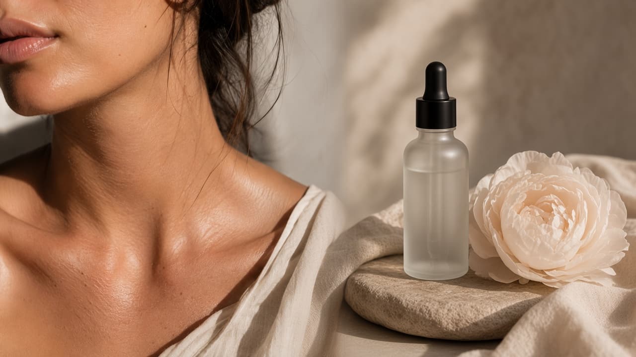 Unlabeled frosted glass bottle and a pale flower on linen in warm side light.