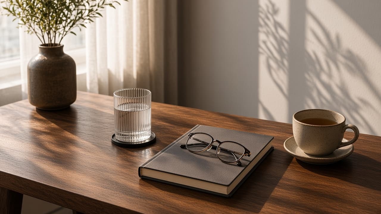 Reading glasses on a closed journal beside a ceramic cup in striped sunlight.