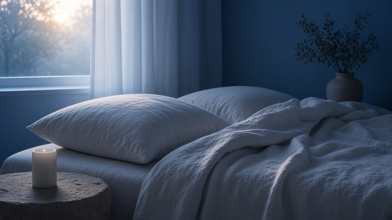 Linen bedding and an unlit candle in a quiet bedroom at dawn.