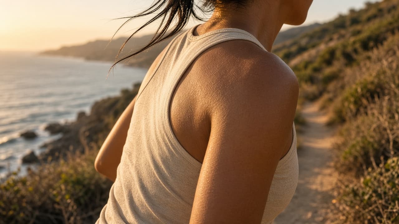 Runner in sand athletic wear on a coastal trail at golden hour, face out of frame.