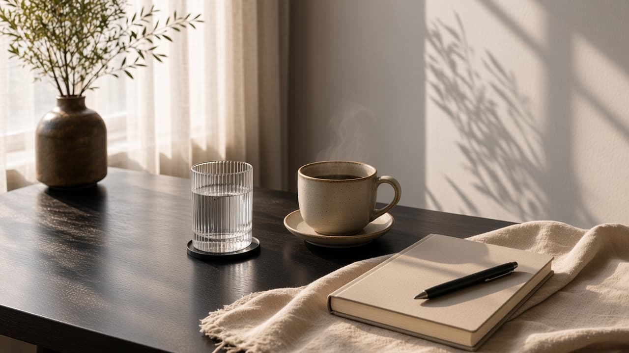 Ceramic tea cup and a closed journal on a quiet sunlit desk.
