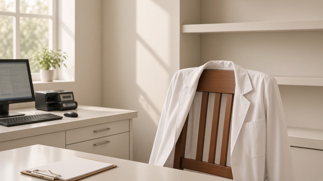 White coat draped over a wooden chair in a softly lit clinic room.