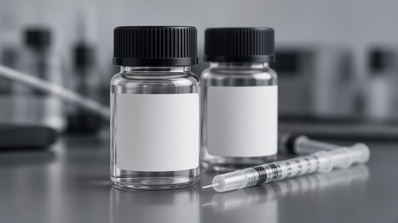 Two research vials and a syringe on a laboratory bench.